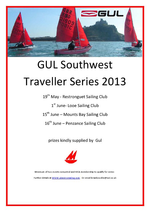 Poster, photo of three Mirrors sailing on a sunny day at Mount's Bay, below a list of events