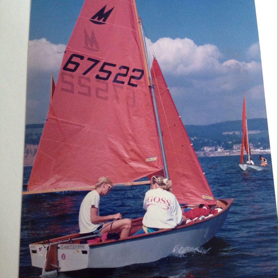 67522 - Knäckebröd (Swedish Cracker) Per-Olof Eriksson & A.Bergstrand A light grey wooden Mirror sailing on a sunny day with light wind off Sidmouth, Devon.