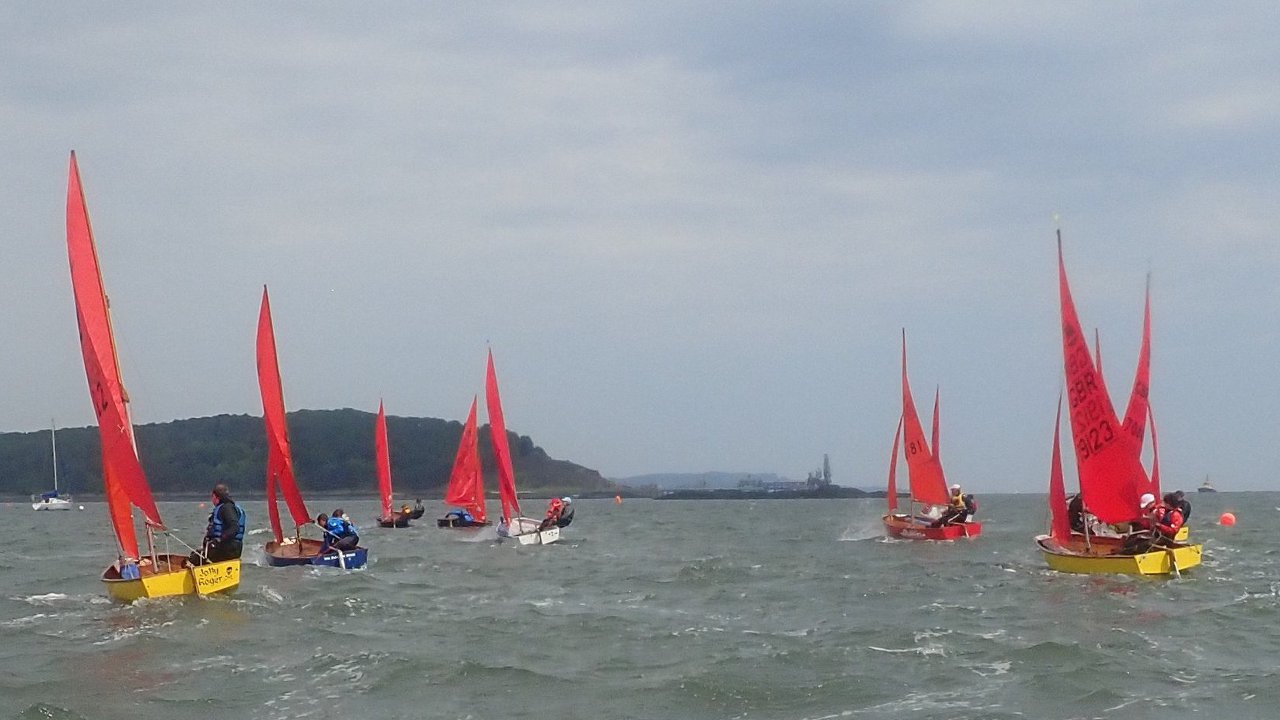 A fleet of Mirror racing to windward away from the camera