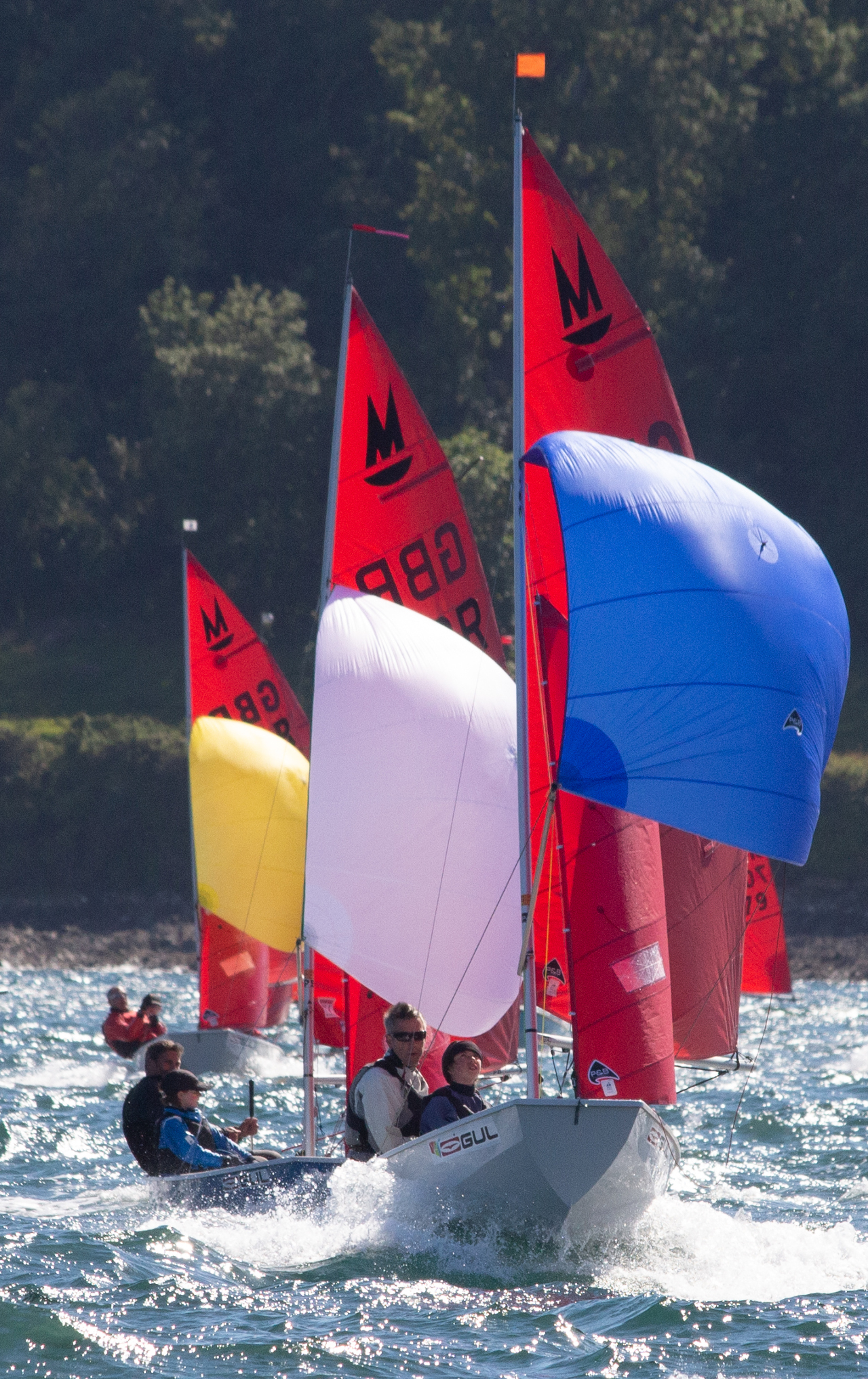 A fleet of Mirror dinghies with spinnaker set racing towards the camera on a broad reach