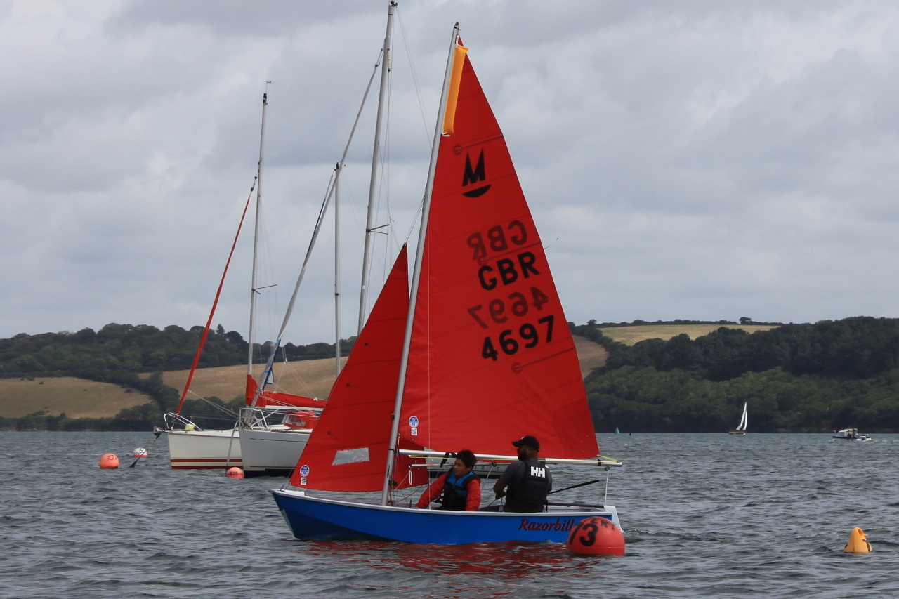 A blue Mirror dinghy with Bermuda rig sailing near some moorings