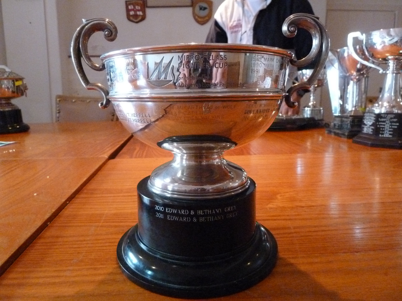 A silver cup with handles on a black plastic base